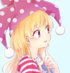  1girl american_flag_shirt bangs blonde_hair clownpiece collar eyebrows finger_to_chin frilled_collar frills hat highres honotai index_finger_raised jester_cap long_hair pink_hair polka_dot shirt simple_background solo sweat touhou upper_body very_long_hair 