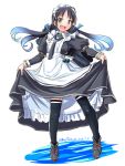  1girl alternate_costume apron black_dress black_hair black_legwear blue_hair dated dress enmaided green_eyes kantai_collection long_hair maid maid_headdress multicolored_hair open_mouth ribbon smile suzukaze_(kantai_collection) tatsumi_rei thigh-highs torpedo turret twintails twitter_username 