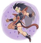  1boy armor black_hair boots dragon_ball dragon_ball_z full_body long_hair male_focus monkey_tail muscle nappooz outline raditz scouter shoulder_armor smile solo star starry_background vambraces very_long_hair 