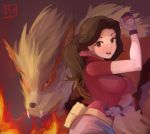  1girl :d arcanine arm_up belt belt_pouch blush brown_background brown_eyes brown_hair cowboy_shot creature earrings fangs fire flame gloves godsh0t holding holding_poke_ball hoop_earrings jewelry open_mouth orange_eyes pocket poke_ball pokemon pokemon_(creature) pokemon_(game) pokemon_rgby pose red_shirt shirt short_sleeves simple_background skirt smile teeth white_gloves white_skirt 