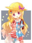  1girl american_flag_legwear american_flag_shirt backpack bag blonde_hair blush bow clownpiece collar cowboy_shot frilled_collar frills hair_ornament hairpin hat hat_bow heart long_hair looking_at_viewer open_mouth pantyhose pink_eyes polka_dot randoseru school_hat shirt solo standing star touhou very_long_hair 