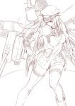  anchor bare_shoulders bismarck_(kantai_collection) boots breasts cannon commentary_request detached_sleeves dress hat highres kantai_collection large_breasts long_hair monochrome niwatazumi open_mouth peaked_cap rigging sketch strapless strapless_dress thigh-highs tube_dress zettai_ryouiki 