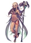  1girl ankoku_broccoli bangs bikini black_bikini black_gloves blonde_hair breasts dark_elf dark_skin earrings elf fantasy full_body gloves green_eyes highres jewelry navel original pointy_ears revealing_clothes scarf sidelocks simple_background skull solo staff standing swimsuit tattoo white_background 