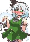  1girl bob_cut bow embarrassed flying_sweatdrops garter_straps green_eyes hair_bow highres katana konpaku_youmu konpaku_youmu_(ghost) rindou_(p41neko) sheath sheathed silver_hair solo sword touhou weapon 