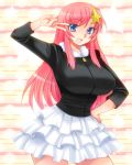  1girl blue_eyes blush breasts frilled_skirt frills gundam gundam_seed gundam_seed_destiny hair_ornament hand_on_hip impossible_clothes large_breasts long_hair looking_at_viewer meer_campbell open_mouth pink_hair skirt smile solo star star_hair_ornament tooru_jin v v_over_eye 