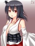  1girl black_hair blouse breasts detached_sleeves floral_print hair_ornament hanazome_dotera hand_on_own_chest japanese_clothes kantai_collection nontraditional_miko red_eyes sash short_hair solo wide_sleeves yamashiro_(kantai_collection) 