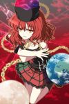  1girl bare_shoulders chain clothes_writing collar earth_(ornament) hat hecatia_lapislazuli isa long_hair moon_(ornament) red_eyes redhead shirt skirt smile solo t-shirt touhou 