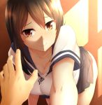  1girl azihurai bent_over black_hair blush breasts brown_eyes cleavage kantai_collection large_breasts long_hair looking_at_viewer pleated_skirt school_uniform serafuku skirt solo_focus ushio_(kantai_collection) 