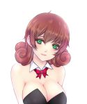  1girl bare_shoulders bow bowtie breasts brown_hair bunnysuit cleavage curly_hair earrings froznkamui green_eyes jewelry penny_(stardew_valley) short_hair smile solo stardew_valley 