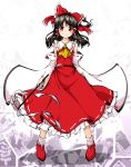  1girl ascot bare_shoulders black_hair blush bow closed_mouth detached_sleeves eyebrows frilled_skirt frills full_body gohei hair_bow hair_tubes hakurei_reimu highres huyusilver looking_at_viewer red_bow red_eyes red_shoes red_skirt ribbon-trimmed_sleeves ribbon_trim shide shoes sidelocks simple_background skirt skirt_set smile socks solo standing touhou white_background white_legwear wide_sleeves 