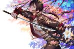  1boy armor brown_hair earrings flower japanese_armor jewelry kashuu_kiyomitsu katana kote long_hair male_focus navel open_clothes open_shirt penguin_frontier ponytail red_eyes red_scarf scarf shirt solo sword touken_ranbu tree_branch weapon 