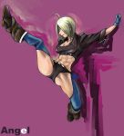  1girl abs angel_(kof) boots breasts chaps cleavage fingerless_gloves gloves hair_over_one_eye highres kicking midriff mimiyama_kiichi muscle muscular_female navel panties short_hair silver_hair snk solo solo_focus the_king_of_fighters the_king_of_fighters_2001 thigh-highs underwear white_hair 