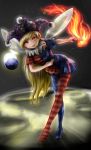  1girl american_flag_legwear american_flag_shirt bent_over blonde_hair clownpiece collar earth fairy_wings fire frilled_collar frills full_body hat highres jester_cap koboboi long_hair looking_at_viewer moon open_mouth pantyhose polka_dot red_eyes shirt short_sleeves solo space star_(sky) sun torch touhou very_long_hair wings 