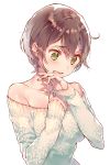  1girl ahoge bare_shoulders blush brown_hair collarbone dsmile embarrassed eyebrows eyebrows_visible_through_hair green_eyes hand_on_own_chest long_sleeves looking_away looking_down off-shoulder_sweater open_mouth short_hair solo sweater upper_body white_background 