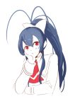  1girl antenna_hair blazblue blazblue_remix_heart blue_hair bow female genderswap hair_bow hand_on_own_cheek hand_on_own_face long_hair mai_natsume ponytail pout red_eyes ribbon school_uniform simple_background sitting solo truc_bui upper_body white_background 