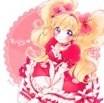  1girl asahina_mirai blonde_hair blush bow choker collarbone cure_miracle earrings elbow_gloves frills gloves hair_bow hairband hat heart heart_earrings jewelry kuzumochi long_hair looking_at_viewer magical_girl mahou_girls_precure! mini_hat mini_witch_hat pink_hat precure puffy_sleeves red_bow red_shoes ruby_style shoes sitting skirt solo striped striped_bow thigh-highs twintails twitter_username v_arms violet_eyes wariza white_gloves white_legwear witch_hat 