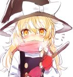  /\/\/\ 1girl blonde_hair blush bow braid breath broom frown hair_ribbon hat hat_bow honotai kirisame_marisa long_hair long_sleeves looking_at_viewer mittens nose_blush ribbon scarf single_braid solo touhou tress_ribbon vest witch_hat yellow_eyes 