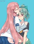  2girls akashi_(kantai_collection) blue_skirt blush bow brown_eyes closed_eyes evuoaniramu forehead_kiss grey_hair hair_bow hair_ribbon hip_vent kantai_collection kiss long_hair long_sleeves midriff multiple_girls pink_hair pleated_skirt ponytail ribbon school_uniform serafuku skirt smile tress_ribbon yuri yuubari_(kantai_collection) 