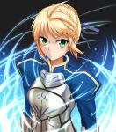  1girl ahoge armor azihurai blonde_haair braid fate/stay_night fate_(series) green_eyes hair_ribbon looking_at_viewer ribbon saber solo 