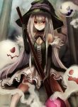  1girl bare_shoulders black_gloves breasts cleavage dress elbow_gloves fur_trim ghost gloves green_dress hat long_hair looking_at_viewer maho_moco original red_eyes shaded_face silver_hair solo very_long_hair witch witch_hat 