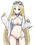  1girl artist_name bikini blonde_hair blush breasts cleavage cowboy_shot dungeon_and_fighter goggles goggles_on_head green_eyes halterneck knight_(dungeon_and_fighter) large_breasts long_hair looking_at_viewer off_shoulder open_clothes shaojiang solo swimsuit very_long_hair 