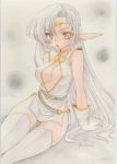  1girl arm_supprot circlet cleavage_cutout elf gloves hair_in_mouth long_hair mouth_hold orange_eyes panties pantyshot pirotess pointy_ears record_of_lodoss_war side_slit sitting solo traditional_media underwear very_long_hair white_hair 