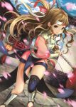  1girl armor battoujutsu_stance brown_hair cherry_blossoms curly_hair fighting_stance fire_emblem fire_emblem_cipher fire_emblem_if headband katana kazahana_(fire_emblem_if) long_hair official_art petals solo sword weapon yellow_eyes 
