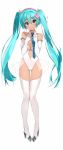  1girl bare_shoulders blue_eyes blue_hair blush bodysuit boots breasts cleavage collar crotch_seam dark_skin elbow_gloves eyebrows eyebrows_visible_through_hair flower gloves hair_between_eyes hair_flower hair_ornament hairband hands_on_own_chest hatsune_miku head_tilt high_heel_boots high_heels highres leotard long_hair looking_at_viewer nauribon navel_cutout petals pigeon-toed see-through showgirl_skirt smile solo thigh-highs thigh_boots thigh_gap twintails very_long_hair vocaloid white_boots white_gloves 