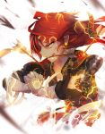  1girl arrow arrow_in_body arrow_in_mouth bai_yemeng dissolving earrings highres impaled interlocked_fingers japanese_clothes jewelry long_hair mouth_hold obi original pixiv_fantasia pixiv_fantasia_t red_eyes redhead sash solo sparks upper_body 