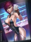  1girl badcompzero bare_shoulders breasts fingerless_gloves gloves large_breasts league_of_legends leotard light_smile lips looking_at_viewer pink_eyes pink_hair playboy_bunny_leotard self_shot short_hair solo thigh-highs thighs vi_(league_of_legends) 