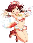 beads bikini floating_hair flower front-tie_top full_body hair_flower hair_ornament hairband holding jewelry legs_together looking_at_viewer microphone navel necklace one_eye_closed open_mouth outstretched_arm red_eyes redhead round_teeth sandals short_hair simple_background solo swimsuit teeth tokyo_7th_sisters white_background yamai_sawori 