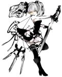  1girl akaki_aoki black_gloves black_legwear boots breasts cleavage dress fingerless_gloves full_body gloves high_heels highres holding_sword holding_weapon long_hair original silver_hair simple_background sleeveless smile solo sword thigh-highs twintails weapon white_background yellow_eyes 