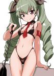  1girl aegis_(nerocc) anchovy armband bikini blush brown_eyes detached_collar drill_hair girls_und_panzer green_hair hair_ribbon long_hair looking_at_viewer micro_bikini necktie ribbon riding_crop simple_background small_breasts smile solo swimsuit twin_drills twintails white_background 