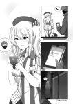  1boy 1girl :d beret blush cellphone comic commentary emoticon employee_uniform hat highres holding kantai_collection kashima_(kantai_collection) lawson long_hair monochrome open_mouth phone pleated_skirt shirt silent_comic skirt smartphone smile spoken_object striped striped_shirt twintails uniform vertical_stripes wangphing 