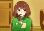  androgynous animated animated_gif brown_hair chair chara_(undertale) chewing chocolate_bar food_in_mouth interior red_eyes rii_(riikugakis) shirt sitting solo spoilers striped striped_shirt tagme undertale 