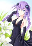  1girl bare_shoulders blue_eyes blush braid breasts cleavage dress flower gloves hair_ornament long_hair looking_at_viewer muwa12 neptune_(choujigen_game_neptune) neptune_(series) purple_hair purple_heart symbol-shaped_pupils twin_braids 