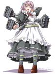  1girl aiming_at_viewer alternate_costume apron arm_up belt blue_eyes blush brown_shoes commentary_request dress enmaided frilled_apron frills full_body grey_legwear gun hair_ornament holding_gun holding_weapon kantai_collection loafers long_skirt long_sleeves looking_at_viewer machinery maid maid_apron open_mouth pink_hair ponytail puffy_long_sleeves puffy_sleeves shiranui_(kantai_collection) shoes short_hair short_ponytail simple_background skirt solo standing tatsumi_rei torpedo turret twitter_username weapon white_background 