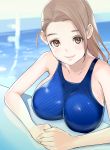  1girl absurdres bare_shoulders breast_rest breasts collarbone competition_swimsuit dtym highres large_breasts light_brown_eyes light_brown_hair light_smile lips looking_at_viewer one-piece_swimsuit original partially_submerged pool poolside smile solo swimsuit water 