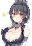  1girl :o alternate_costume anchor bangs black_hair blush breasts buttons chain cleavage collarbone cosplay eyebrows eyebrows_visible_through_hair fingerless_gloves front-tie_top gloves headgear iowa_(kantai_collection) iowa_(kantai_collection)_(cosplay) kantai_collection large_breasts looking_at_viewer red_eyes short_hair simple_background solo star sweat takao_(kantai_collection) unbuttoned upper_body white_background yuzu-aki 