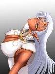  artist_request breasts circlet cleavage dark_skin elf eyelashes gradient gradient_background huge_breasts long_hair looking_at_viewer pirotess pointy_ears record_of_lodoss_war white_hair yellow_eyes 