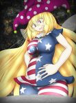  absurdres american_flag_dress american_flag_legwear blonde_hair clownpiece earth fairy_wings giantess hat highres jester_cap moon neva space touhou wings 