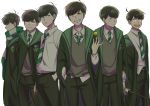  6+boys ag_(dkd_wnl) ahoge alternate_costume arm_at_side ball bangs belt black_hair brothers brown_hair closed_mouth coat collared_shirt cosplay dress_shirt eyebrows eyebrows_visible_through_hair frown glowing glowing_eyes green_eyes grin hand_in_pocket harry_potter holding_wand holding_weapon hood hood_down hooded_jacket jacket long_sleeves looking_at_viewer looking_away matsuno_choromatsu matsuno_ichimatsu matsuno_juushimatsu matsuno_karamatsu matsuno_osomatsu matsuno_todomatsu multiple_boys necktie osomatsu-kun osomatsu-san pants profile red_eyes sextuplets shirt siblings smile striped striped_necktie sweater swept_bangs uniform violet_eyes wand weapon white_shirt wide_sleeves yellow_eyes 