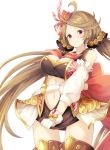  1girl bare_shoulders belt blue_eyes blush boots breasts brown_hair commentary_request detached_sleeves dress dress_tug gloves granblue_fantasy harie_(granblue_fantasy) hat long_hair looking_at_viewer mini_hat navel solo thigh-highs thigh_boots tobi-mura twintails white_gloves 