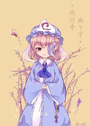  1girl artist_name ascot butterfly character_name hat highres japanese_clothes kimono long_sleeves looking_at_viewer mob_cap niromi one_eye_covered pink_eyes saigyouji_yuyuko short_hair smile solo standing talisman touhou triangular_headpiece veil wide_sleeves 