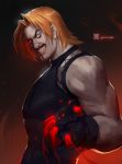  1boy blonde_hair blood facial_hair fingerless_gloves gloves grin highres long_hair looking_at_viewer multicolored_eyes muscle mustache red_eyes rugal_bernstein smile snk solo tank_top the_king_of_fighters xiaoguimist 
