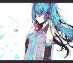  1girl 39 aqua_hair closed_eyes detached_sleeves hatsune_miku highres letterboxed long_hair necktie solo tattoo upper_body vocaloid white_background 