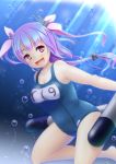 blue_hair breasts fang hair_ribbon highres i-19_(kantai_collection) kantai_collection long_hair mizuno_(pixiv607853) name_tag one-piece_swimsuit red_eyes ribbon school_swimsuit star star-shaped_pupils swimsuit symbol-shaped_pupils torpedo tri_tails underwater 