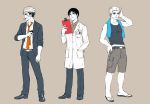  3boys ajin_(sakurai_gamon) arm_at_side bandaid bandaid_on_face black_hair changye cigarette clenched_teeth clipboard coat collarbone collared_shirt dress_shirt earrings flip-flops frown full_body gun hand_on_hip hand_on_own_head handgun highres holding holding_gun holding_weapon jacket jewelry kaito_(ajin) legs_apart long_sleeves male_focus motion_lines mouth_hold multicolored_hair multiple_boys nagai_kei nakano_ko necktie older orange_necktie pants pocket sandals scratching_head shirt shorts simple_background sleeves_pushed_up smoke smoking standing stomach tank_top teeth towel towel_around_neck traditional_media two-tone_hair weapon white_hair white_shirt 