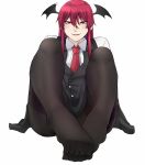  1girl black_legwear head_wings highres koakuma legs long_hair looking_at_viewer mole mole_under_eye necktie no_shoes pantyhose red_eyes redhead seductive_smile simple_background sitting skirt smile solo thigh-highs toes touhou white_background wings 