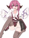  1girl animal_ears artist_request blush fangs mystia_lorelei nail_polish panties pink_eyes pink_hair simple_background sitting skirt skirt_lift solo thigh-highs tongue tongue_out touhou underwear wings 